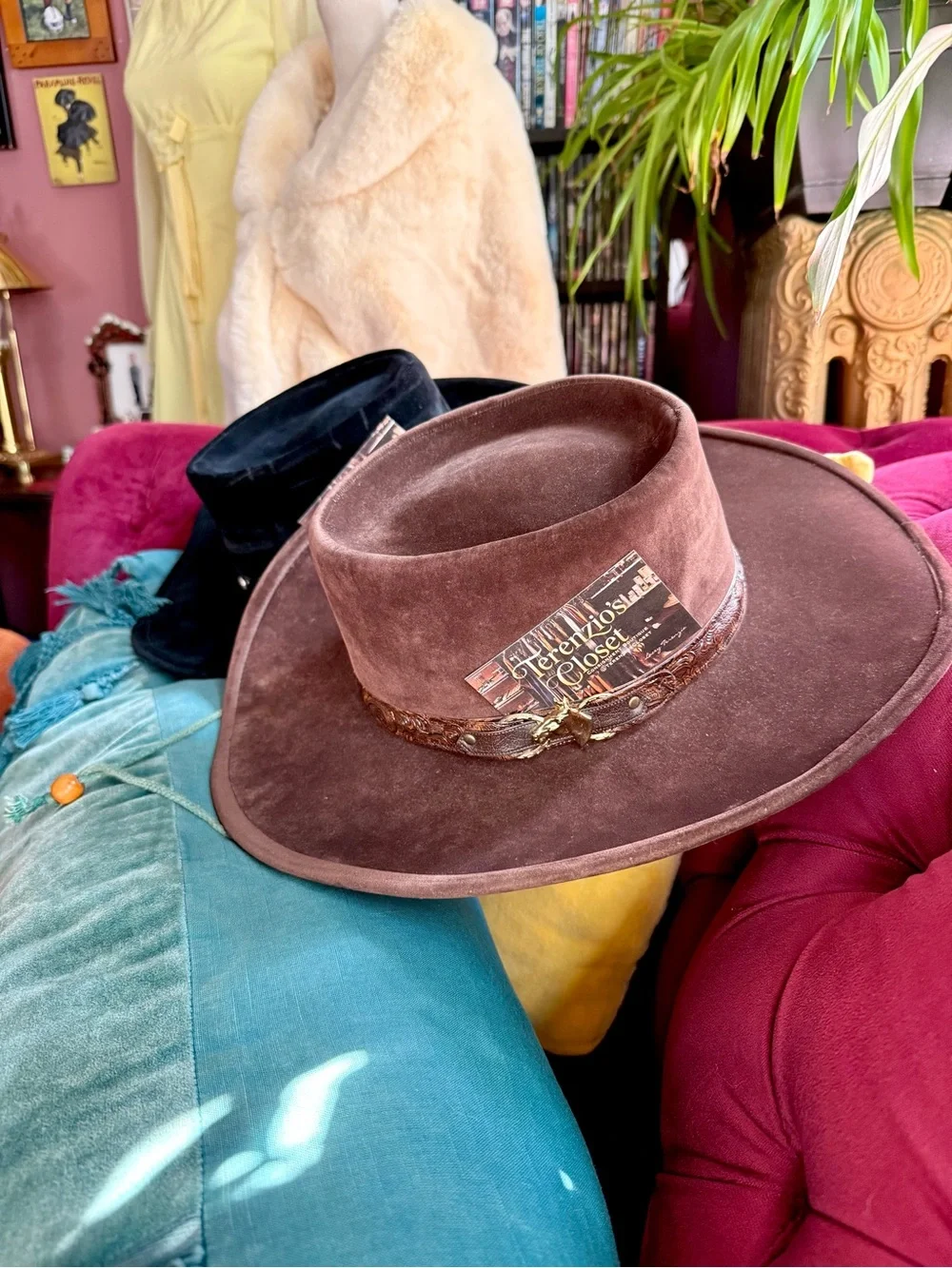 Vintage Bailey U-Rollit Leather Tooled Belted Gambler Western Hat - Brown Velvet